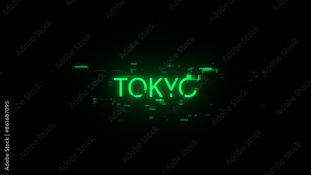 Poster 3d rendering tokyo text with screen effects of technological glitches