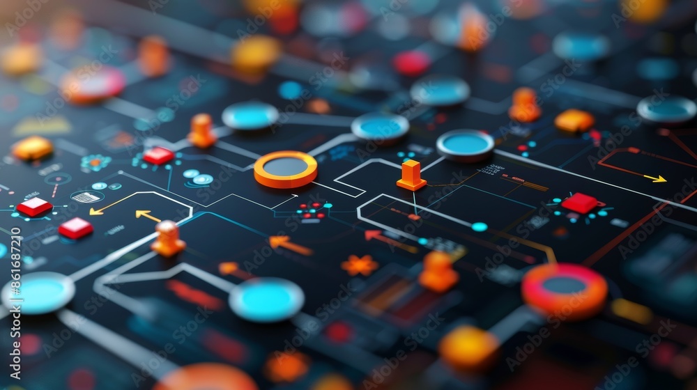 Poster a 3d illustration of a flowchart with various business elements connected by arrows, representing a 