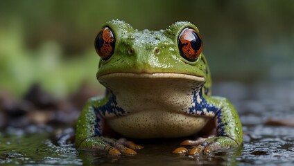 Obraz premium A short story about a frog who embarks on a quest to find the rarest lily pad in the swamp ai_generated