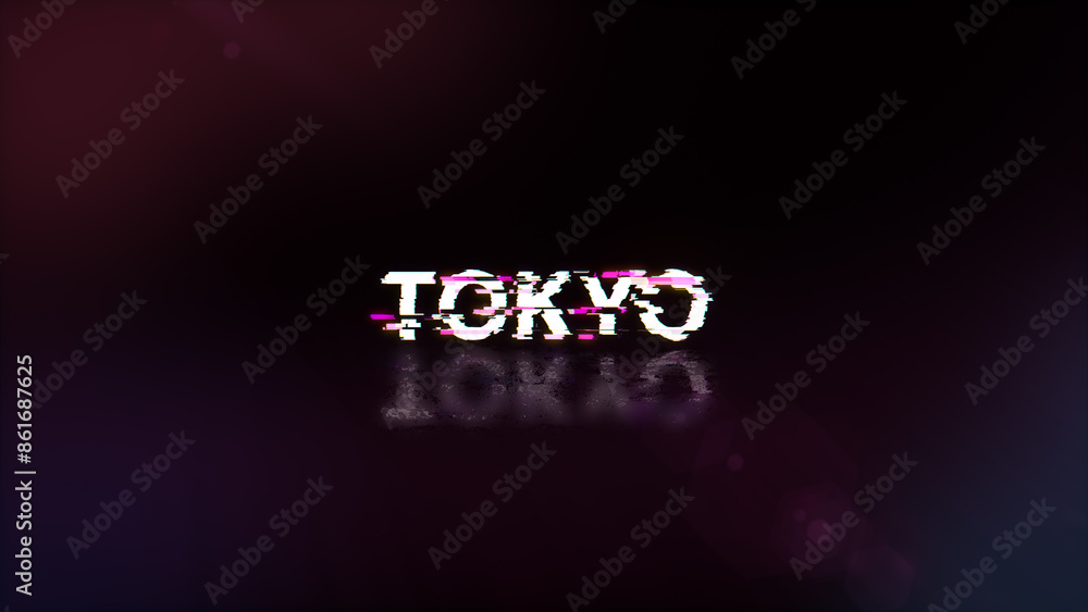 Poster 3d rendering tokyo text with screen effects of technological glitches
