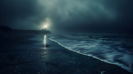 Dramatic Nighttime Seascape with Approaching Storm and Crashing Waves