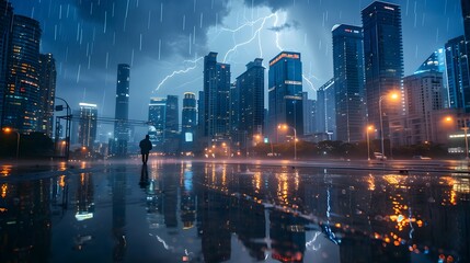 Dramatic Rainy Cityscape with Reflective Puddles and Lightning