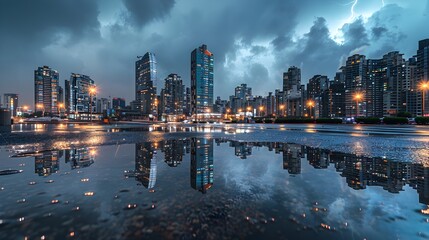Naklejka premium Dramatic Rain-Soaked Cityscape with High-Rise Reflections and Lightning
