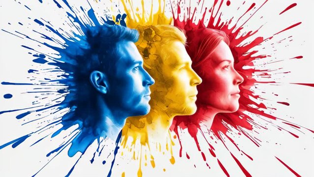 profiles painted in vivid colors blue, red, and yellow stand side by side against a white background. The colorful paint splashes around the profiles. Abstract surreal slow motion footage.