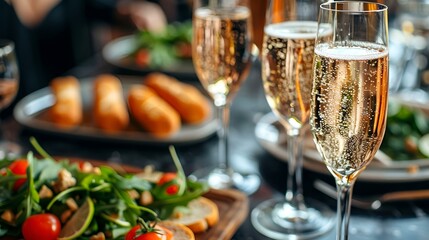 Glasses of champagne and food arranged on a table, creating an elegant and celebratory atmosphere.


