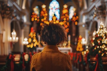 Fototapeta premium Woman standing in church decorated for Christmas