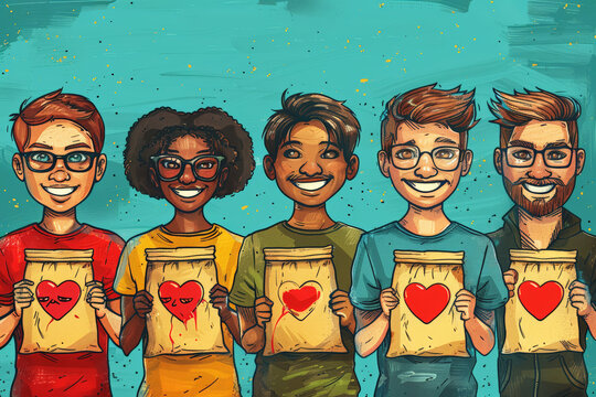 A group of diverse people holding bags with heart symbols, representing community service or charity. World Blood Donor Day.