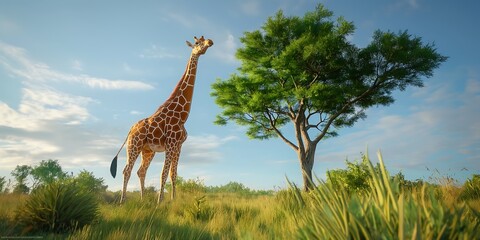 Fototapeta premium giraffe in the savannah, a curious giraffe stretching its neck to reach the leaves of a tall tree in the savannah, highlighting its unique form and natural environment. 