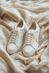 Pair of white sneakers on a soft background