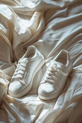 Pair of white sneakers on a soft background