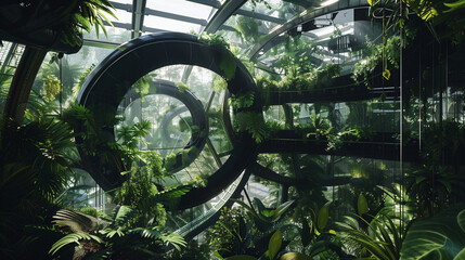 Mechanical structures entwine with lush greenery in a digital artwork showcasing the harmony between technology and the natural world.