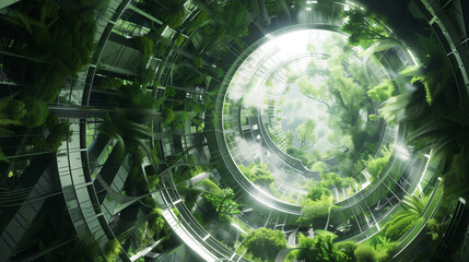 Obraz premium Mechanical structures combine with lush greenery in a digital artwork showcasing the harmony between technology and the natural world.