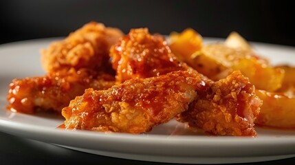 Fototapeta premium Close-up of crispy fried chicken tenders with golden French fries on a white plate, perfect for food imagery and culinary content.