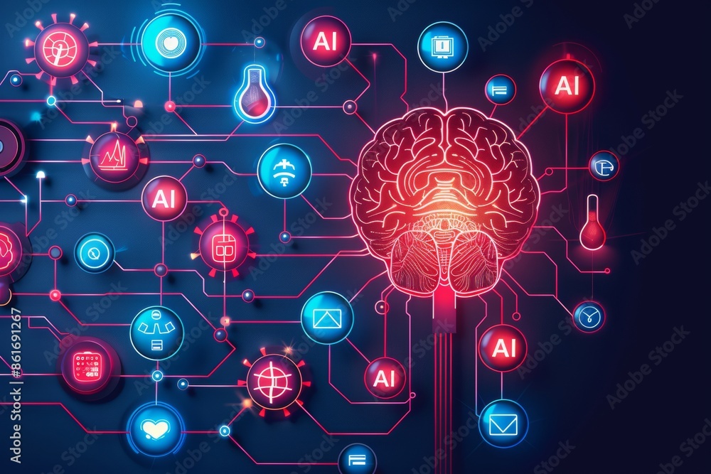 Poster digital brain with ai connections, illustrating advanced artificial intelligence network, tech innov