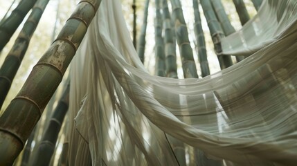 The fabric appears to be floating in midair caught between the towering bamboo trunks.