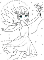 Cute kawaii fairy with sparkling wings holding wildflower isolated on white background outline coloring page for kids