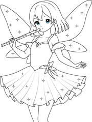 Cute kawaii fairy with sparkling wings and flute isolated on white background outline coloring page for kids © Saly