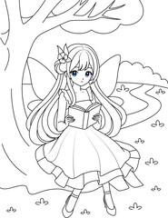Fototapeta premium Cute kawaii fairy reading book under the tree outline coloring page for kids