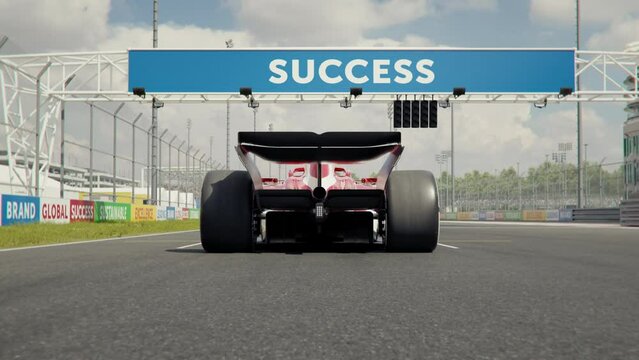 Rear view of a generic formula one race car starting from pole position. Low angle view. Starting race cars move past the camera. 3d animation rendering