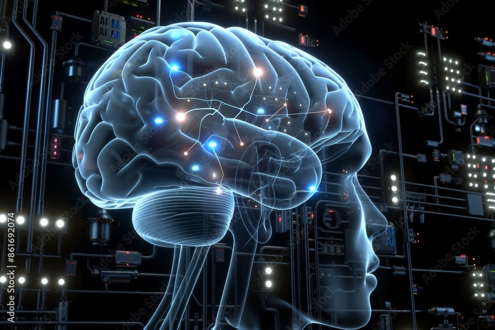 Poster digital brain with neural connections, showcasing advanced artificial intelligence, tech innovation,