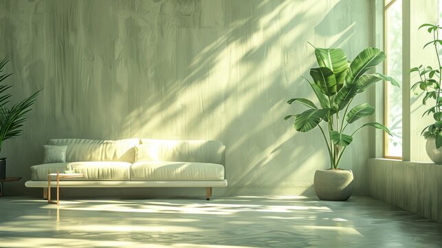 A minimalistic and cozy living room, highlighted by a sleek sofa and a clean, uncluttered space that offers plenty of room for text or additional graphics.