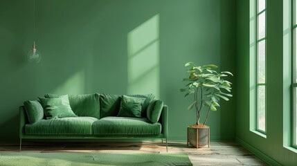 A stylish and sophisticated living room featuring a green color scheme and minimalist decor. The photo provides ample copy space, perfect for incorporating text or graphics into your design.
