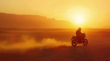Fototapeta premium silhouette of lone motorcyclist riding through vast desert at sunset