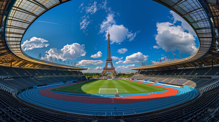 A panoramic view of a stadium with the Eiffel Tower under a bright blue sky. The track and green field are ready for a day of sports and events, showcasing the grandeur of Paris.