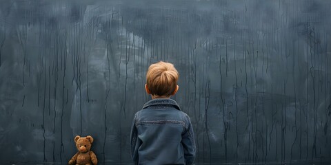 Child with teddy bear gazing at empty wall conveys symbolism of depression. Concept Depression, Symbolism, Child, Teddy Bear, Empty Wall
