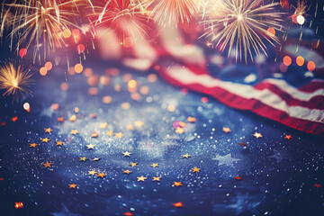 Obraz premium An American stars and stripes flag patriotic background poster banner with fireworks and lights