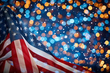 An American stars and stripes flag patriotic background poster banner with fireworks and lights