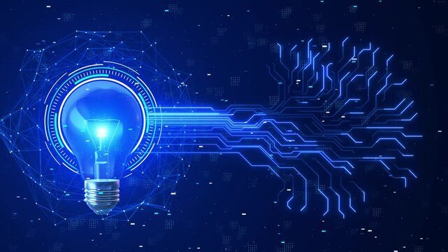 Digital Brain circuit Light bulb digital computer AI microchip brain robot futuristic cyber tech metaverse web 3 design Geometrical sci fi cyberpunk blueprints pcb board integrated circuit interface.