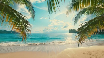 A picturesque beach with calm,  crystal-clear waters and fine golden sand,  framed by swaying palm trees