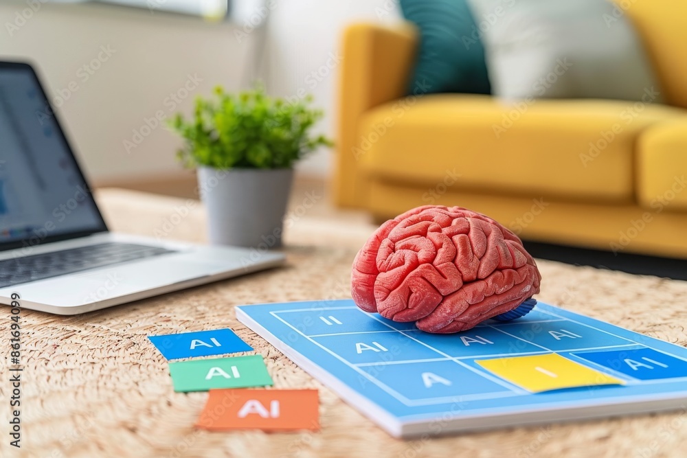 Poster ai brain model with office setting, illustrating artificial intelligence in workplace, tech integrat
