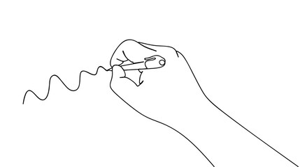 Hand holding pen and writing, continuous line drawing. One line hand writing continuous line drawing isolated on white background. Line art, vector illustration