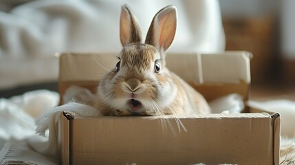 Fototapeta premium Curious Rabbit Discovers Cardboard Slide for Unexpected Playtime