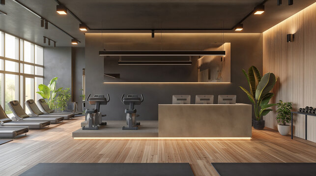 A gym's reception area with friendly staff, gym, welcome, hd, inviting with copy space