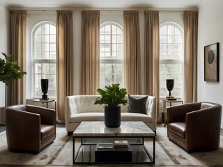 Fototapeta premium Living room wall poster mockup. Interior mockup with house background. Modern interior design.