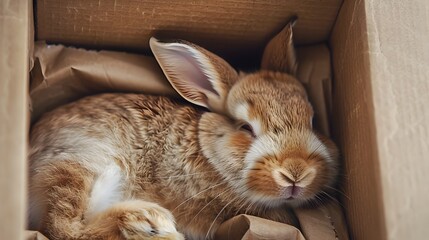 Rabbit Sleeping Cosily Inside Cardboard Box for Warmth and Comfort