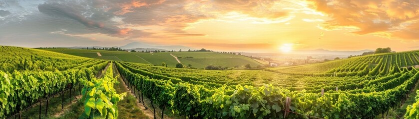 a summer vineyard at sunset