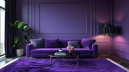 A sophisticated living room in rich violet tones, designed with a minimalist approach that emphasizes clean lines and a clutter-free environment. The image offers plenty of open space, ideal for