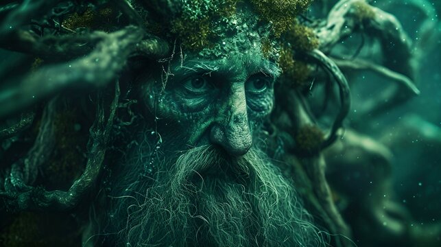 A bearded man with long hair is submerged in water.