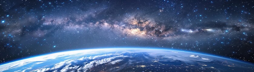 Panoramic view of the Earth and galaxy with stars
