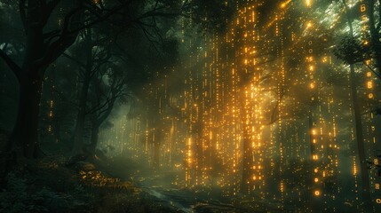 Mystical Forest Path Illuminated by Digital Rain at Night