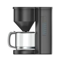 Side view of a black filter coffee machine on transparent background
