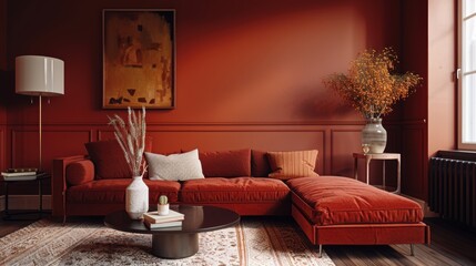 A cozy living room decorated in warm maroon hues, with minimalist furniture and decor creating a comfortable and inviting atmosphere. The image offers plenty of copy space for adding text or graphics.
