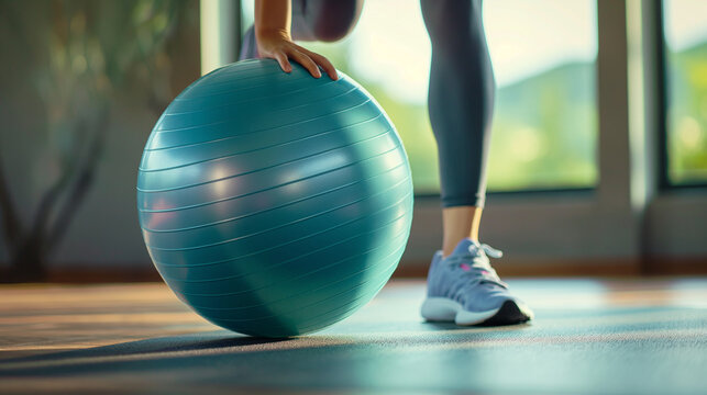 A person using an exercise ball for core workouts, gym, stability, hd, balanced with copy space
