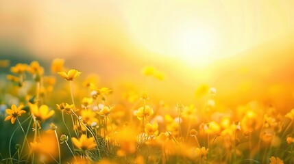 Fototapeta premium soft focus sunset over field of yellow flowers warm golden hour meadow landscape abstract photo