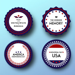 Set of realistic shield badges celebration for the America Independence Memorial Day design template.