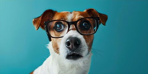 Curious Dog in Glasses Expressing Surprise and Suspicion Towards Technology. Concept Technology, Curious Dog, Glasses, Surprise, Suspicion